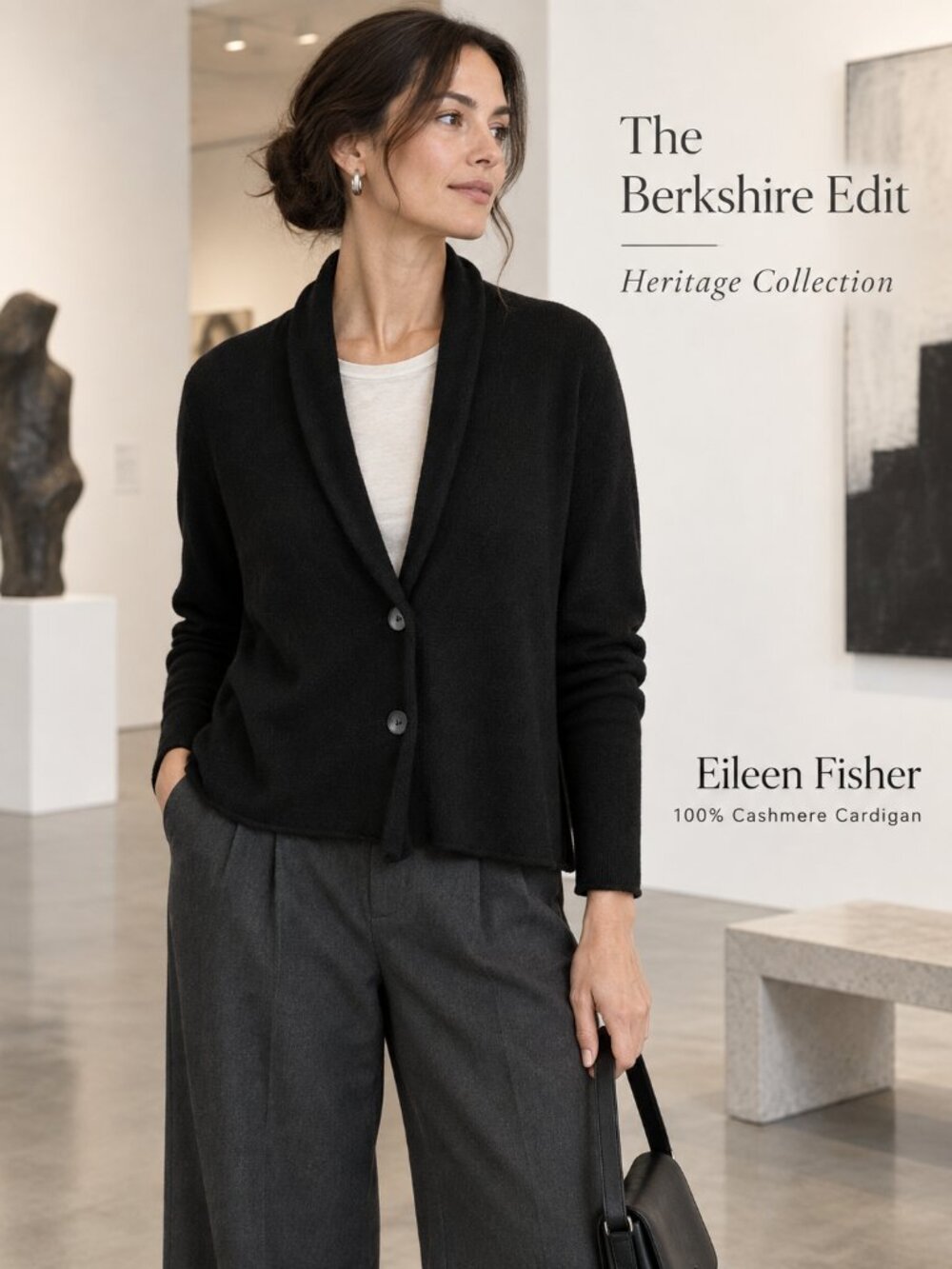 Eileen Fisher 100% Cashmere Black Shawl Collar 2 Button Cardigan Sweater M